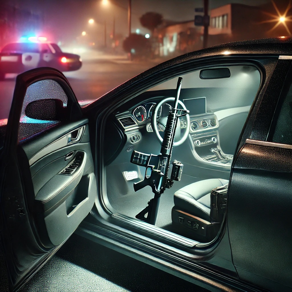 A powerful visual of a car containing an AR-style weapon—illustrating the legal peril and urgency in building a California assault weapon possession defense with Power Trial Lawyers.