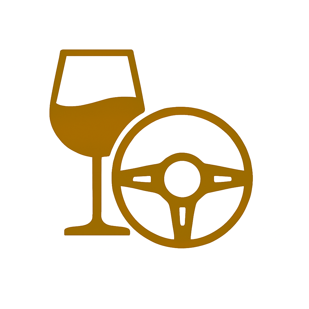 Gold minimalist icon showing a wine glass and steering wheel on a white background, symbolizing DUI and drunk driving defense in Southern California. Used by Power Trial Lawyers, Los Angeles and Orange County DUI attorneys, for content about fighting California Vehicle Code § 23152 charges and license suspensions.