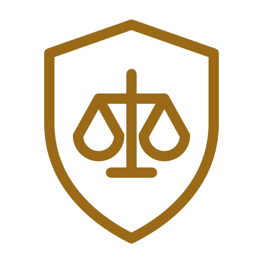 Restraining order defense icon – shield with scales of justice